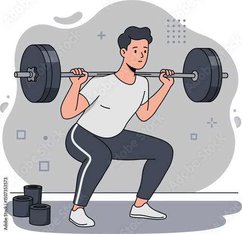 Man performing barbell squat exercise for strength training in gym workout routine vector illustration