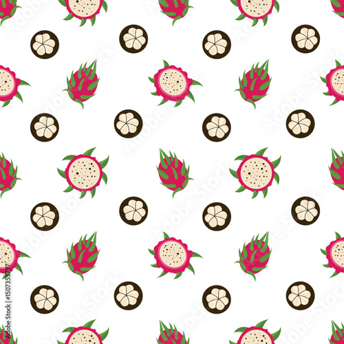 Mangosteen and dragon fruit seamless pattern, tropical fruits pattern. Pitaya, pitahaya