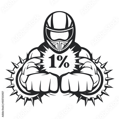 Powerful Biker Silhouette with "1%" Symbol & Spiked Knuckle Dusters in Black and White Graphic Design, Isolated on White Background                   