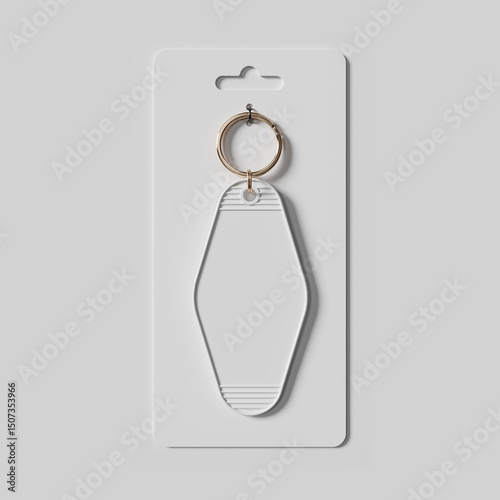 Motel keychain in packaging mockup. 3D rendering