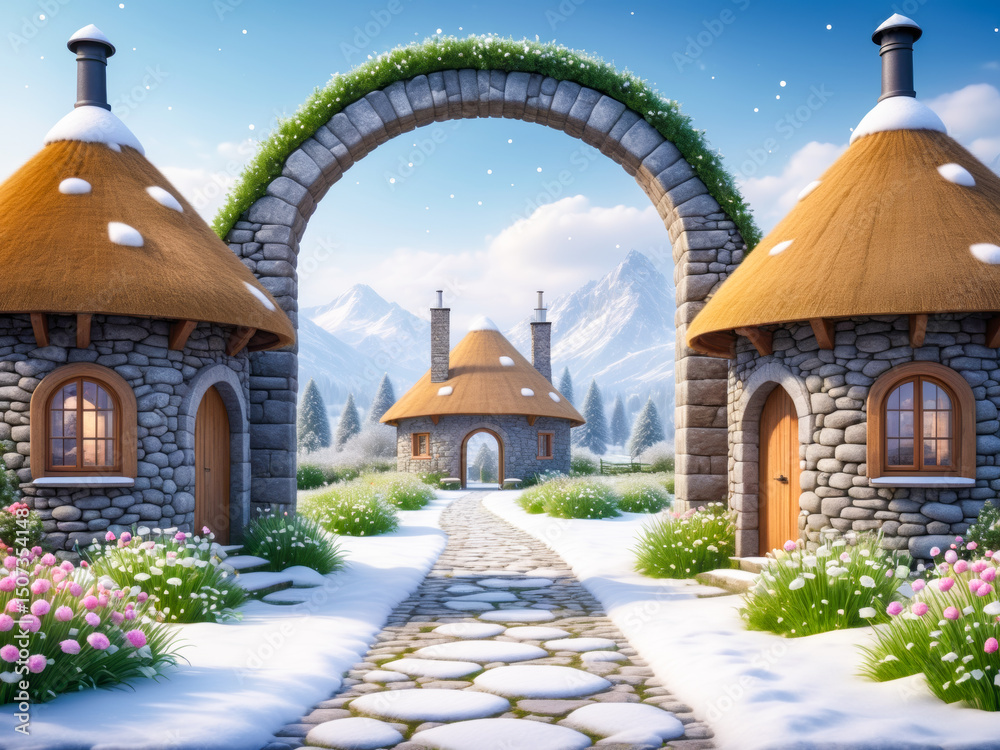 Naklejka premium Winter Wonderland Cottage Village