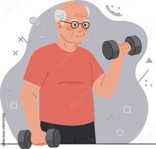 Elderly man exercising with dumbbells in casual clothing fitness and health illustration vector 