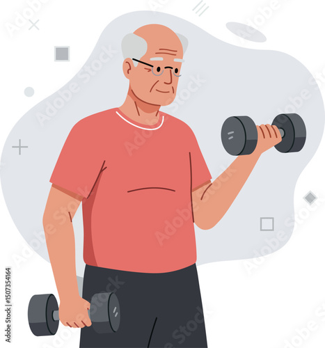 Elderly man exercising with dumbbells in casual outfit indoor fitness activity vector illustration 