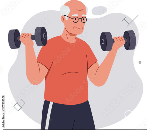 Elderly man lifting dumbbells exercising for strength and health in casual fitness attire vector illustration 