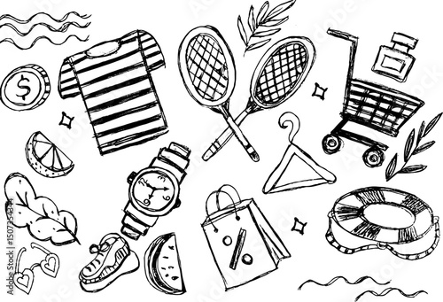 Hand-drawn illustrations of shopping items and summer accessories  