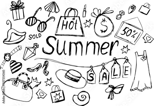 Summer sale promotional illustration with various shopping items and discounts  