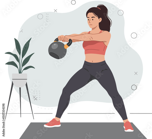 Woman exercising with kettlebell fitness training in home workout routine vector illustration 
