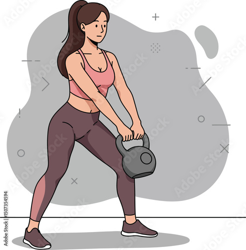 Woman exercising with kettlebell in fitness workout training for strength and health improvement vector illustration 
