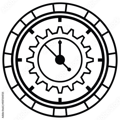 A black and white vector illustration of a gear clock depicting time and punctuality.