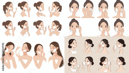 Skincare Routine Illustration: A collection of illustrations showcasing the various steps of a skincare routine, demonstrating techniques for cleansing, applying skincare products.