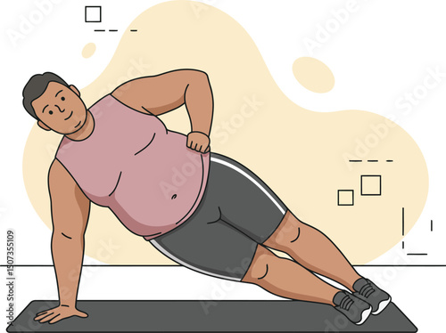 Overweight man exercising side plank workout on fitness mat for healthy lifestyle and body strength training 