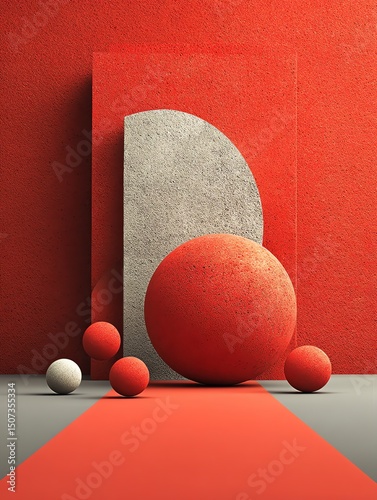 Abstract Red and Gray Geometric Composition with Spheres: Modern Minimalist Still Life