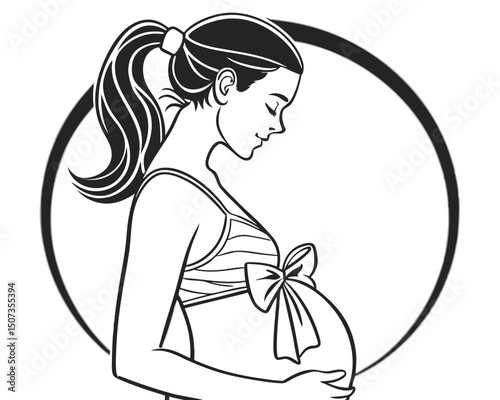 Elegant black and white illustration of a pregnant woman with a bow on her belly in a round frame.