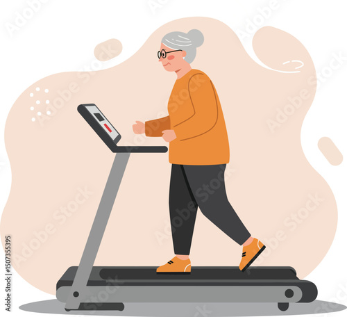 Senior woman walking on treadmill exercising indoors for fitness and health lifestyle vector illustration 