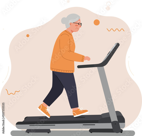 Elderly Woman Walking on Treadmill Exercising for Healthy Lifestyle and Fitness Vector Illustration 