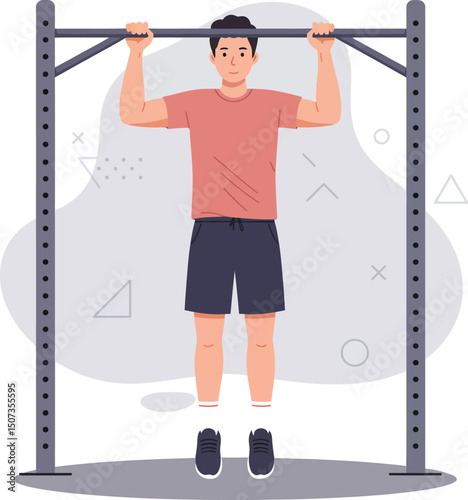 Man performing pull up exercise on fitness bar for upper body strength training vector illustration 