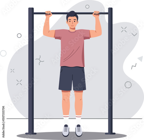 Man performing pull up exercise on bar fitness workout strength training vector illustration 