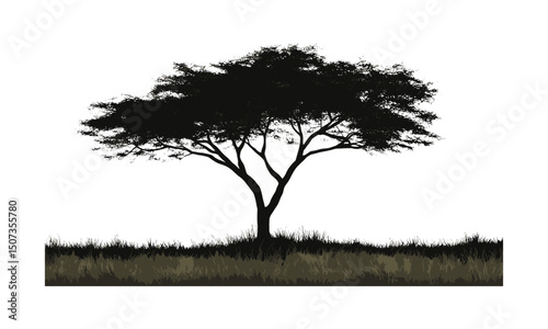 Hand-drawn Acacia Tree, savanna theme, black tree silhouette, wild tree clipart, forest nature art, vector illustration, tropical savanna plants, wildlife habitat, natural environment.