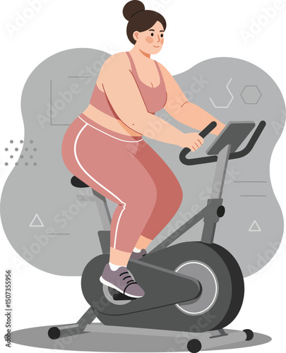 Woman exercising on stationary bike in workout clothes for fitness and health activity vector illustration 