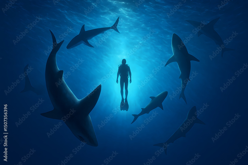 Obraz premium Underwater Diver Floating Among Multiple Sharks in the Deep Ocean Illustrating Adventure and Danger