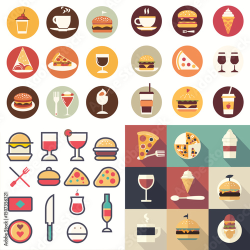 Culinary Collage: A vibrant arrangement of delicious food icons showcasing a variety of culinary delights, arranged on a flat design and appealing to food lovers, from juicy burgers to gourmet pizzas.