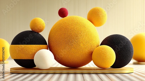 Abstract 3D of Textured Spheres: Yellow, Black, White and Red Balls on Golden Platform. Perfect for modern design, product display