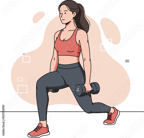 Woman exercising with dumbbells doing lunges in sportswear fitness workout routine vector illustration 