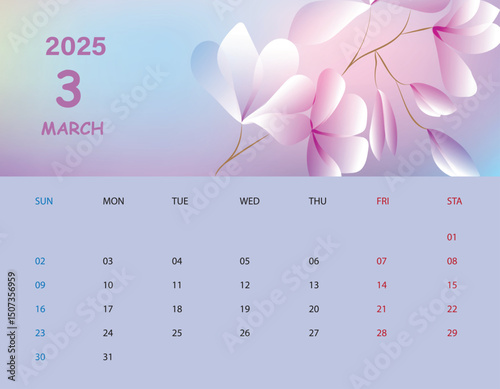 calendar for 2025 march with flowers vector illustration design 