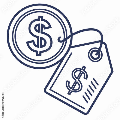 Flat icon of a coin and minimal price tag representing economy pricing plan in simple lines and muted colors
