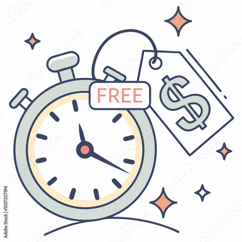 Flat icon of a stopwatch and price tag with "FREE" label representing trial plan in clean vector style