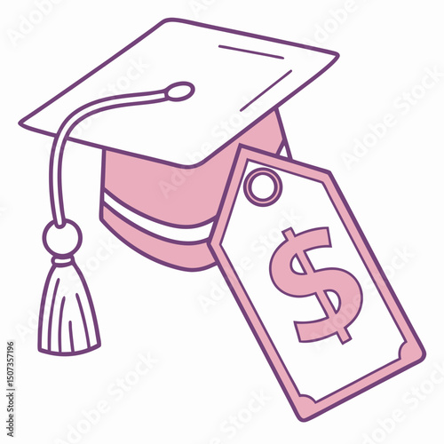 Flat icon of graduation cap over price tag, soft pastel colors representing student discount plan