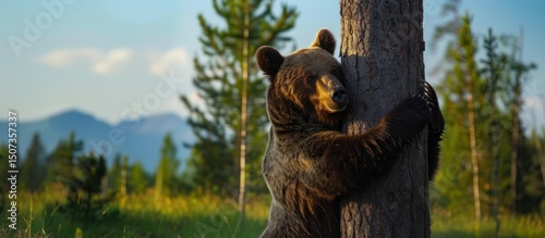 Brown bear hugging tree in mountain forest. photo