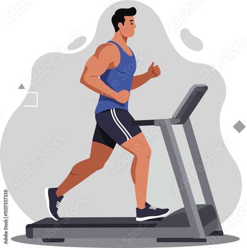 Man running on treadmill indoor fitness exercise for healthy lifestyle and cardio workout vector illustration 
