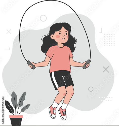Girl Jumping Rope Exercise Fitness Activity Healthy Lifestyle Illustration Vector 