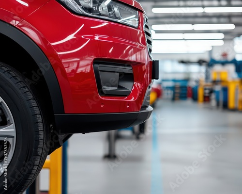 A red car is elevated on a lift inside a brightly lit, modern automotive workshop.