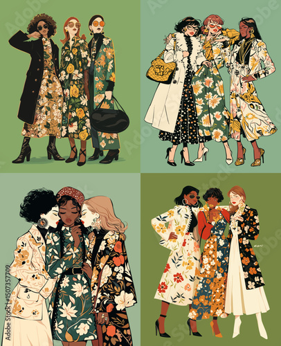 Floral Fashion Trio: A vibrant collage showcases groups of stylish women in elegant floral outfits. Each ensemble features diverse pairings and unique expressions of modern femininity and fashion.