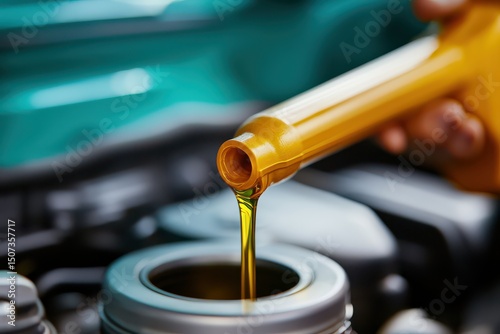 Motor oil being poured into an engine during a car maintenance procedure, highlighting automotive care and engine lubrication.