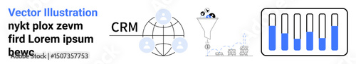 CRM connections across the globe, a funnel with data visualizations, a bar chart, and analytics. Ideal for CRM software, data processing, business analysis, marketing, global solutions automation