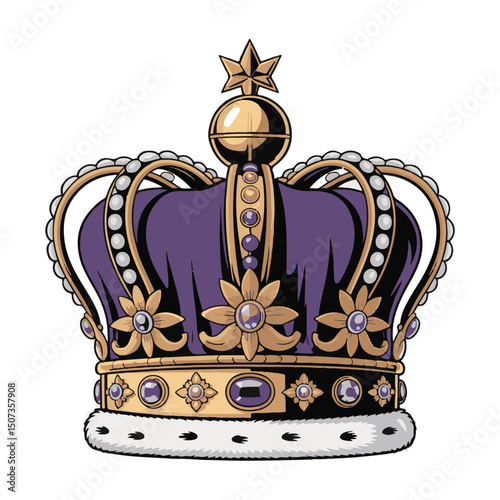 Detailed golden royal crown features purple velvet and a shining star topper on transparent background