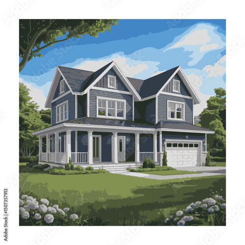 Blue twostory house with white trim sits proudly on a beautiful green lawn