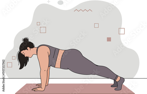 Woman Performing Plank Exercise on Yoga Mat for Fitness and Strength Training Vector Illustration