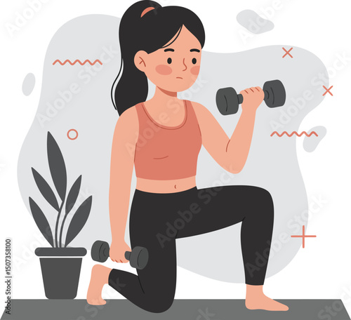 Young woman exercising with dumbbells at home fitness routine in modern minimalist style vector illustration 
