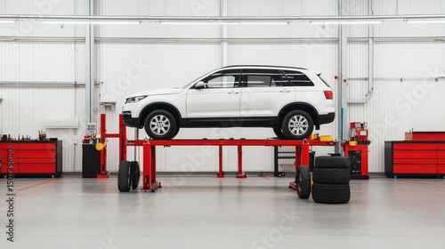 A white SUV is elevated on a red hydraulic lift inside a clean, modern auto repair garage with red tool cabinets and spare tires nearby.
