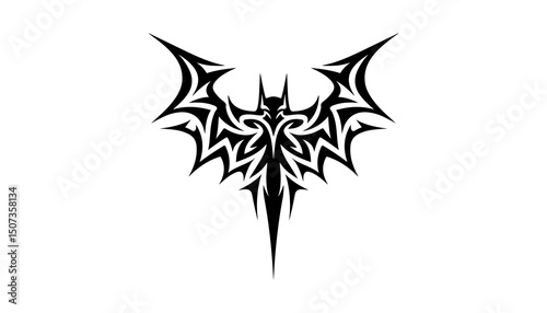 A silhouette of abstract tribal bat tattoo with symmetrical On white background photo