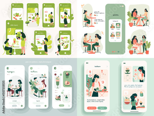 Mobile Application Design: Seamless interface design showcasing food delivery applications with flat design and illustrations.