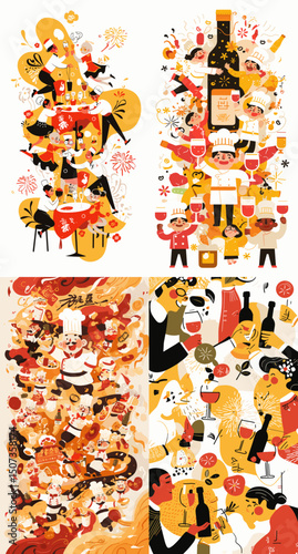 A Culinary Quartet: A vibrant illustration showcases four unique scenes celebrating food, drinks, and convivial gatherings. Delicately composed, it conveys the joy of dining and toasting.