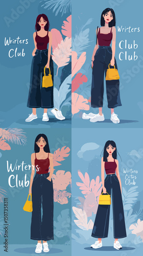 Fashion Forward: A stylized illustration showcases a woman in various trendy ensembles, with a casual chic aesthetic. Designed to ignite inspiration for fashion enthusiasts.