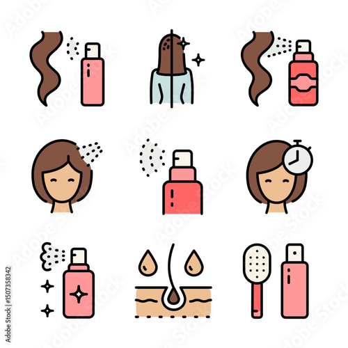 Refreshing Hair Wash color Icons Set. Deep Scalp Cleansing and Hydration. Using dry shampoo signs. Woman health hair care symbols. Vector signs set for web design isolated on white background.