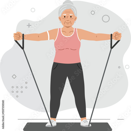 Senior woman exercising with resistance bands on fitness mat for healthy lifestyle and strength training vector illustration 