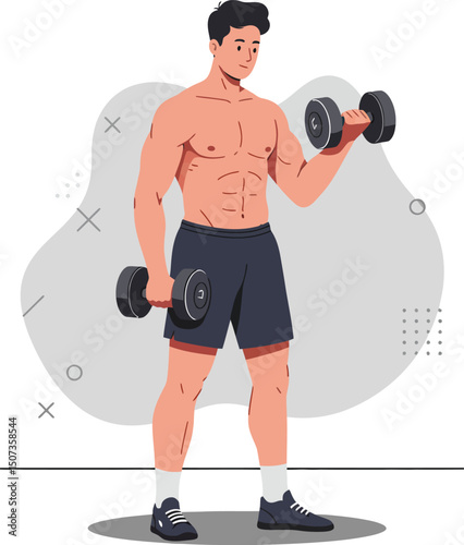Muscular man lifting dumbbells in gym workout fitness training exercise vector illustration 